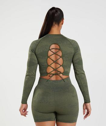 Przycięte Topy Damskie Gymshark Adapt Camo Seamless Koronkowe Up Back Oliwkowe Oliwkowe | PL 2595PJJ